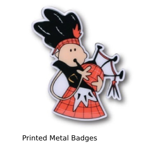 Image of printed metal badge man playing bagpipes