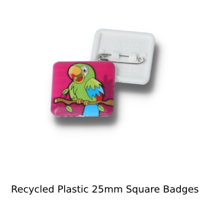Recycled plastic 25mm square badge front and back