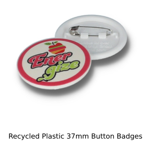 Recycled plastic 37mm button badge UK - front and back