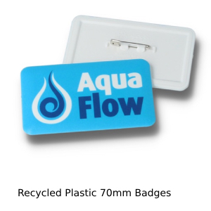 Recycled plastic 70mm badge - front and back