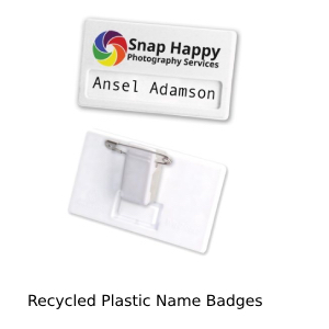 Recycled plastic name badges UK - front and back
