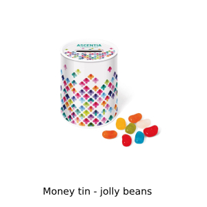 Money tin with jolly beans in