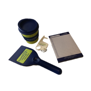 Photo of ice scraper, coffee cup, keyring and notepad all colour matched with BMC branding