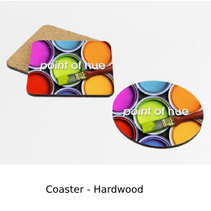 Coasters in hardwood showing front back square and round