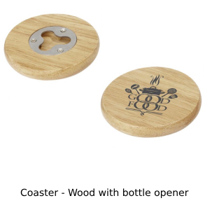 Photo of front and back of wood coaster / bottle opener