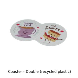 Photo of white double coaster made from recycled plastic