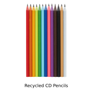 Photo of range of colours of recycled CD pencils