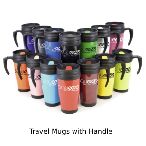Range of many colours of travel mugs with handle