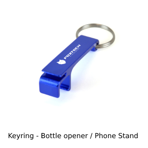 Photo showing blue bottle opener which is also a phone stand