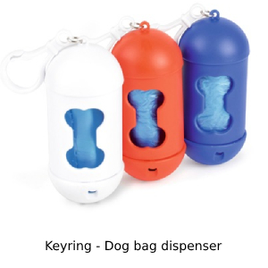 Photo showing 3 different colour of dog bag dispenser keyrings