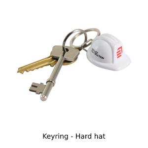 Photo of white hard hat keyring with print to front and side