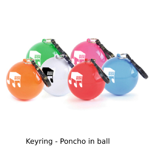 Range shot of 6 different colour balls containing ponchos