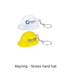 Photo of stress hard hats in yellow and white with print to side