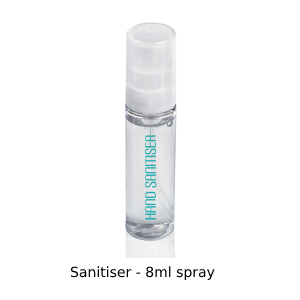 Photo of one 8ml spray sanitiser