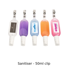 Photo of 5 different colour 50ml clip hand sanitisers