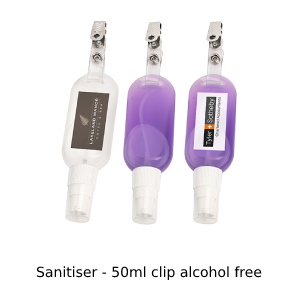 Photo of three 50ml clip alcohol free hand sanitisers