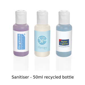 Photo of three 50ml recycled bottle hand sanitisers