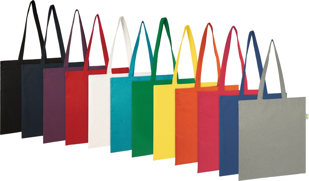 Image of range of recycled cotton tote bags showing 12 vibrant colours.